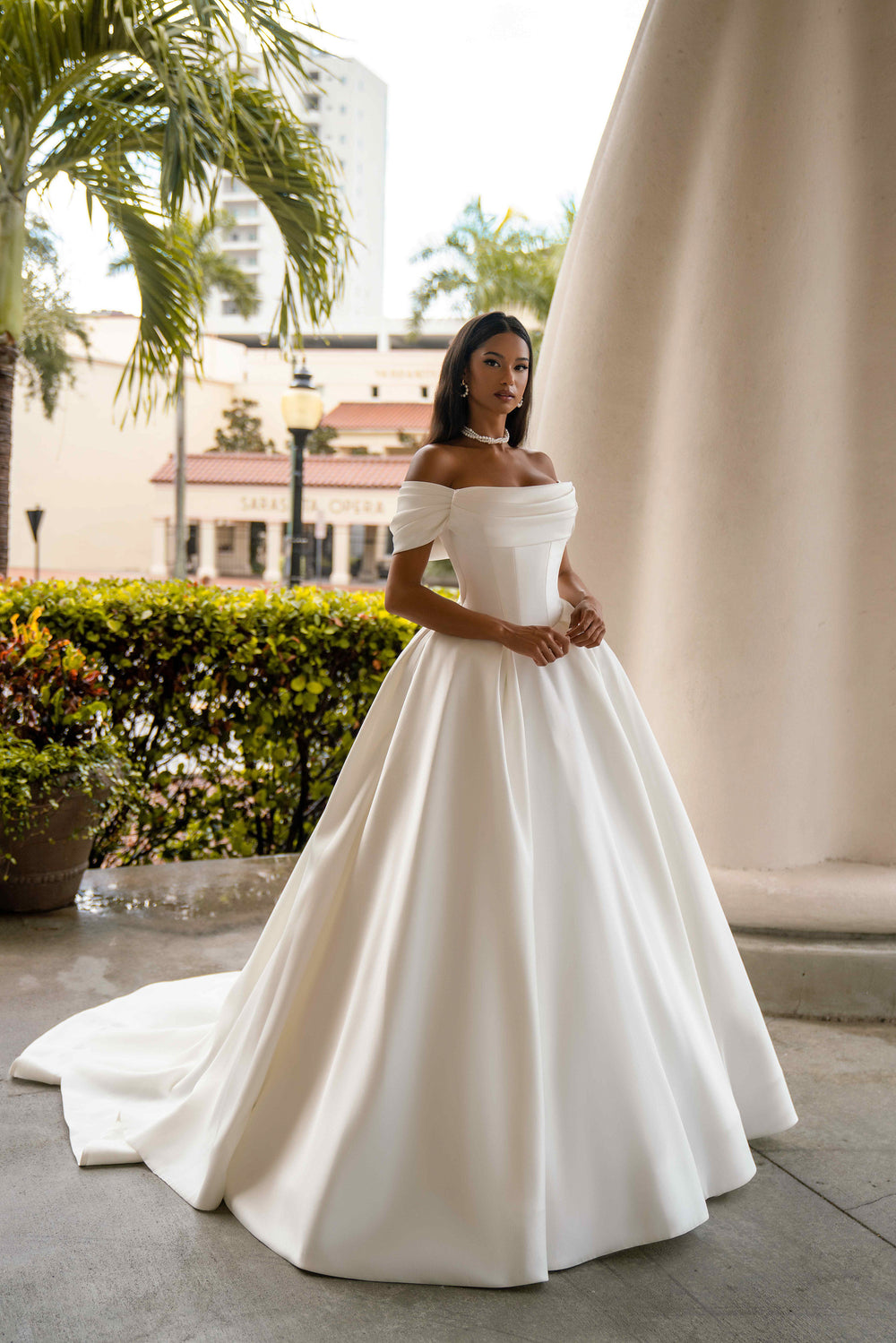 Ball Gown Wedding Dress With Off-The-Shoulder Neckline, Satin Fabric, Full Skirt, Cathedral Train