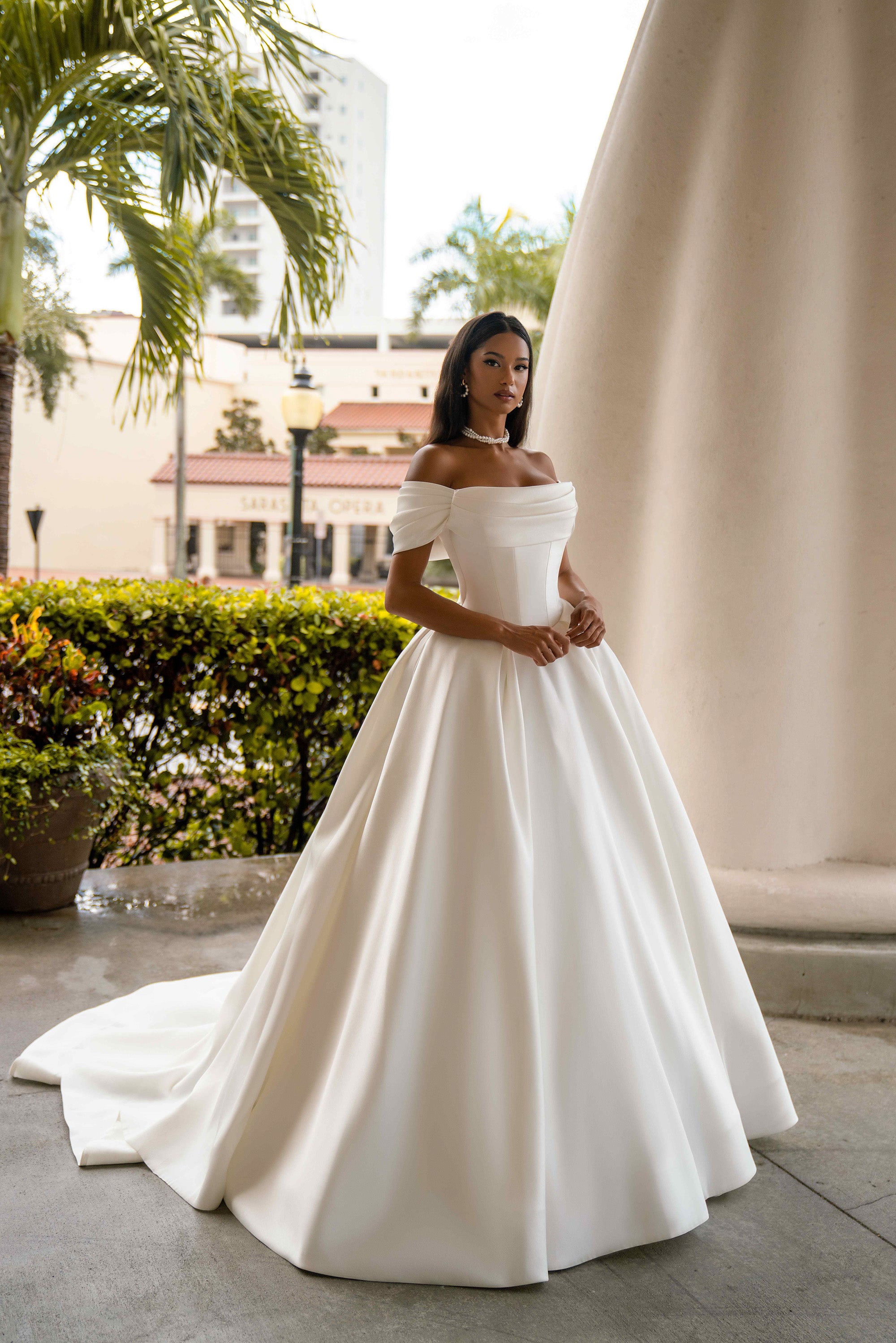 Ball Gown Wedding Dress With Off-The-Shoulder Neckline, Satin Fabric, Full Skirt, Cathedral Train
