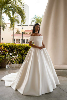 Ball Gown Wedding Dress With Off-The-Shoulder Neckline, Satin Fabric, Full Skirt, Cathedral Train