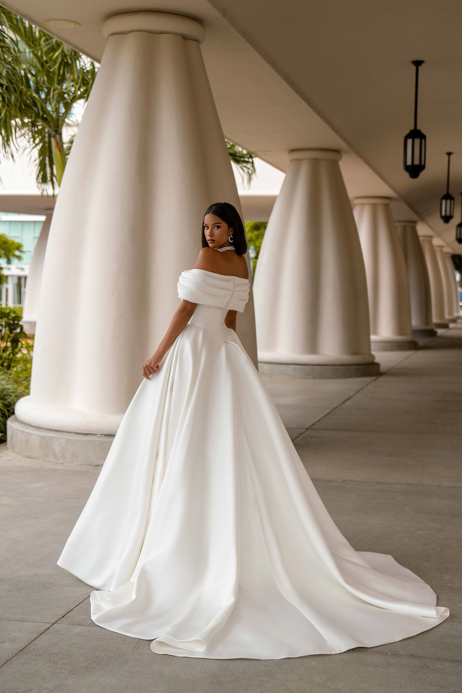 Ball Gown Wedding Dress With Off-The-Shoulder Neckline, Satin Fabric, Full Skirt, Cathedral Train