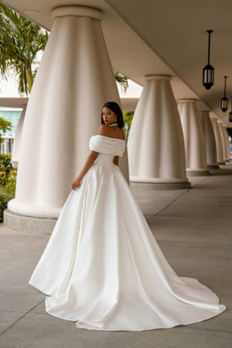 Ball Gown Wedding Dress With Off-The-Shoulder Neckline, Satin Fabric, Full Skirt, Cathedral Train