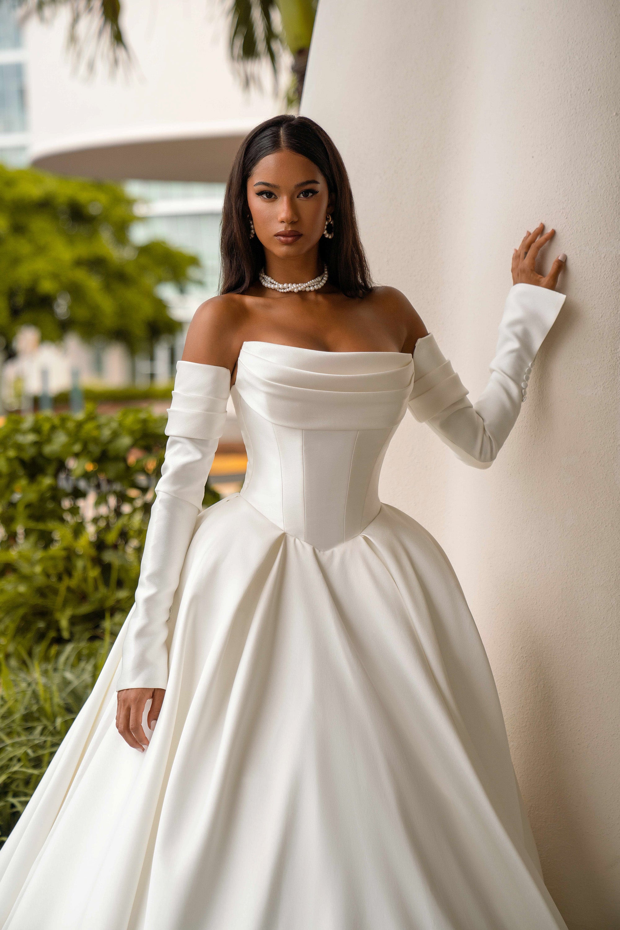 Ball Gown Wedding Dress With Off-The-Shoulder Neckline, Satin Fabric, Full Skirt, Cathedral Train