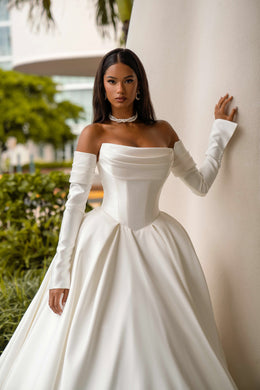 Ball Gown Wedding Dress With Off-The-Shoulder Neckline, Satin Fabric, Full Skirt, Cathedral Train