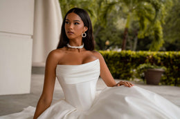 Ball Gown Wedding Dress With Off-The-Shoulder Neckline, Satin Fabric, Full Skirt, Cathedral Train
