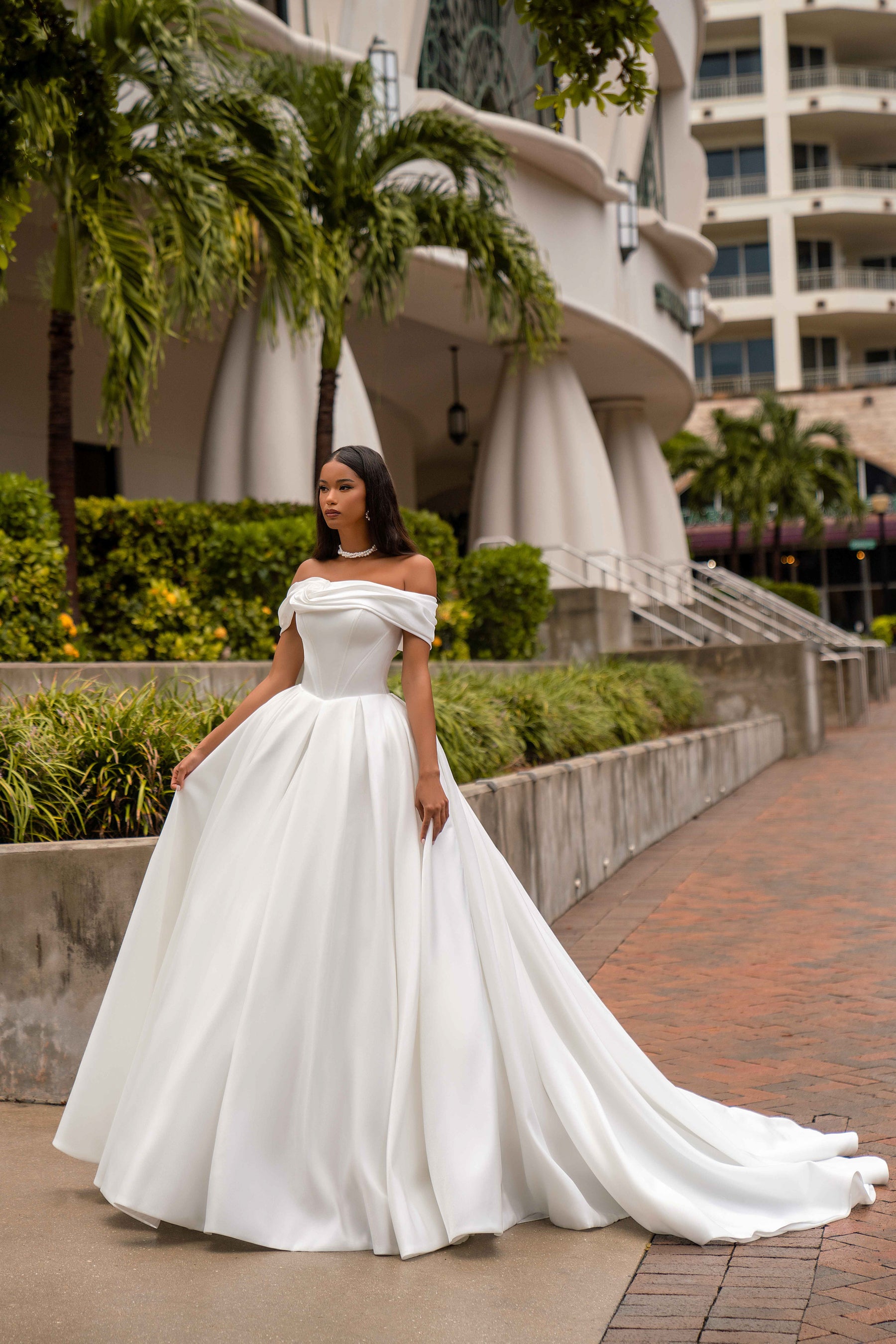 Off-the-Shoulder Satin Ball Gown Wedding Dress with Slit