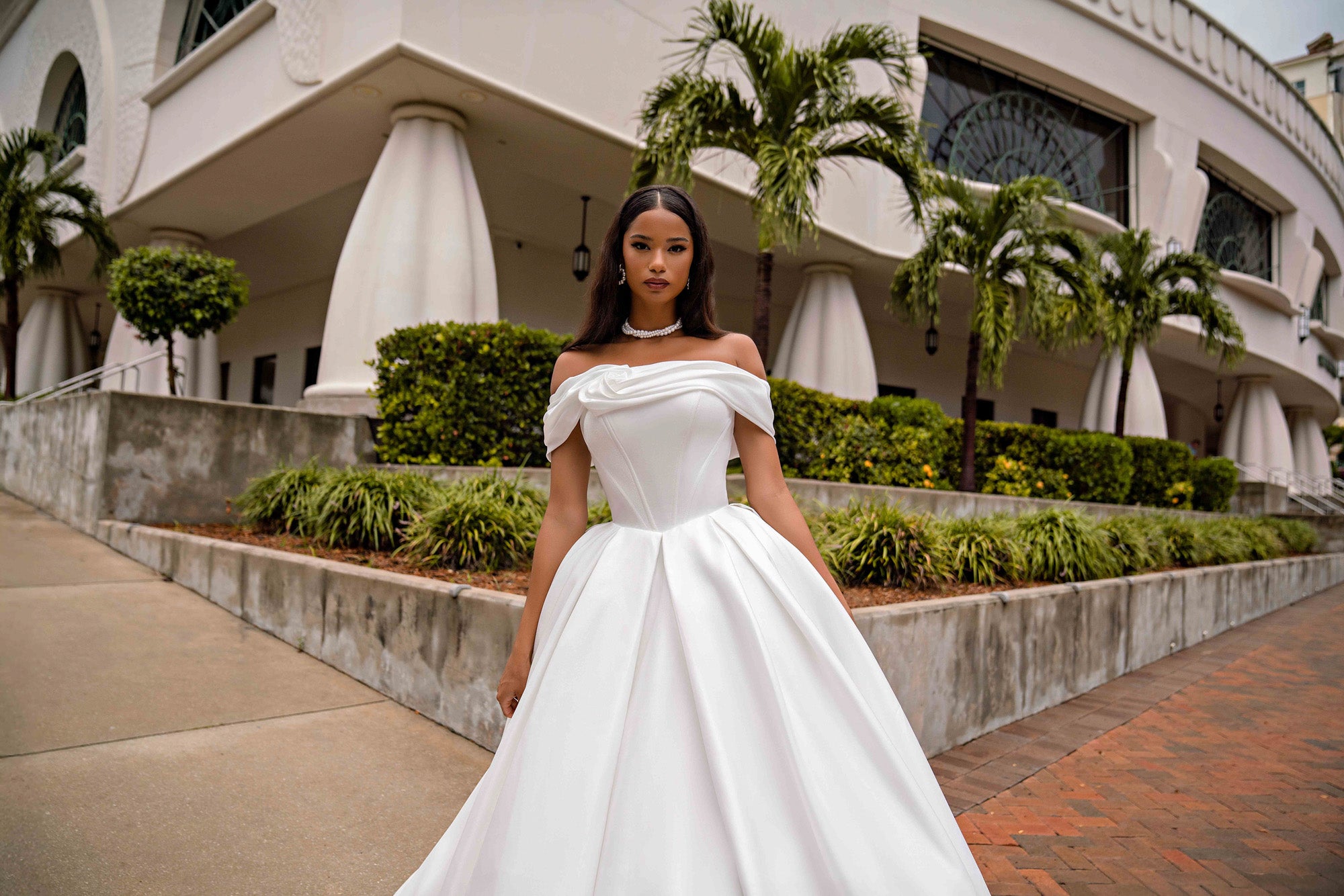 Off-the-Shoulder Satin Ball Gown Wedding Dress with Slit
