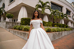 Off-the-Shoulder Satin Ball Gown Wedding Dress with Slit