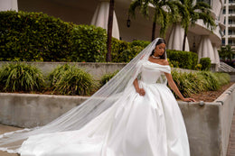 Off-the-Shoulder Satin Ball Gown Wedding Dress with Slit