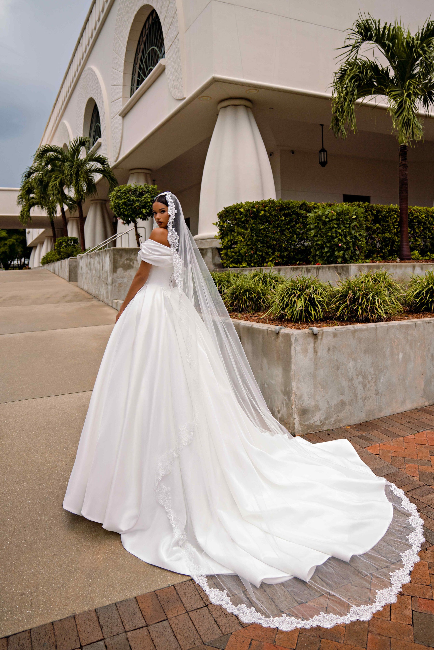 Off-the-Shoulder Satin Ball Gown Wedding Dress with Slit