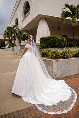 Off-the-Shoulder Satin Ball Gown Wedding Dress with Slit