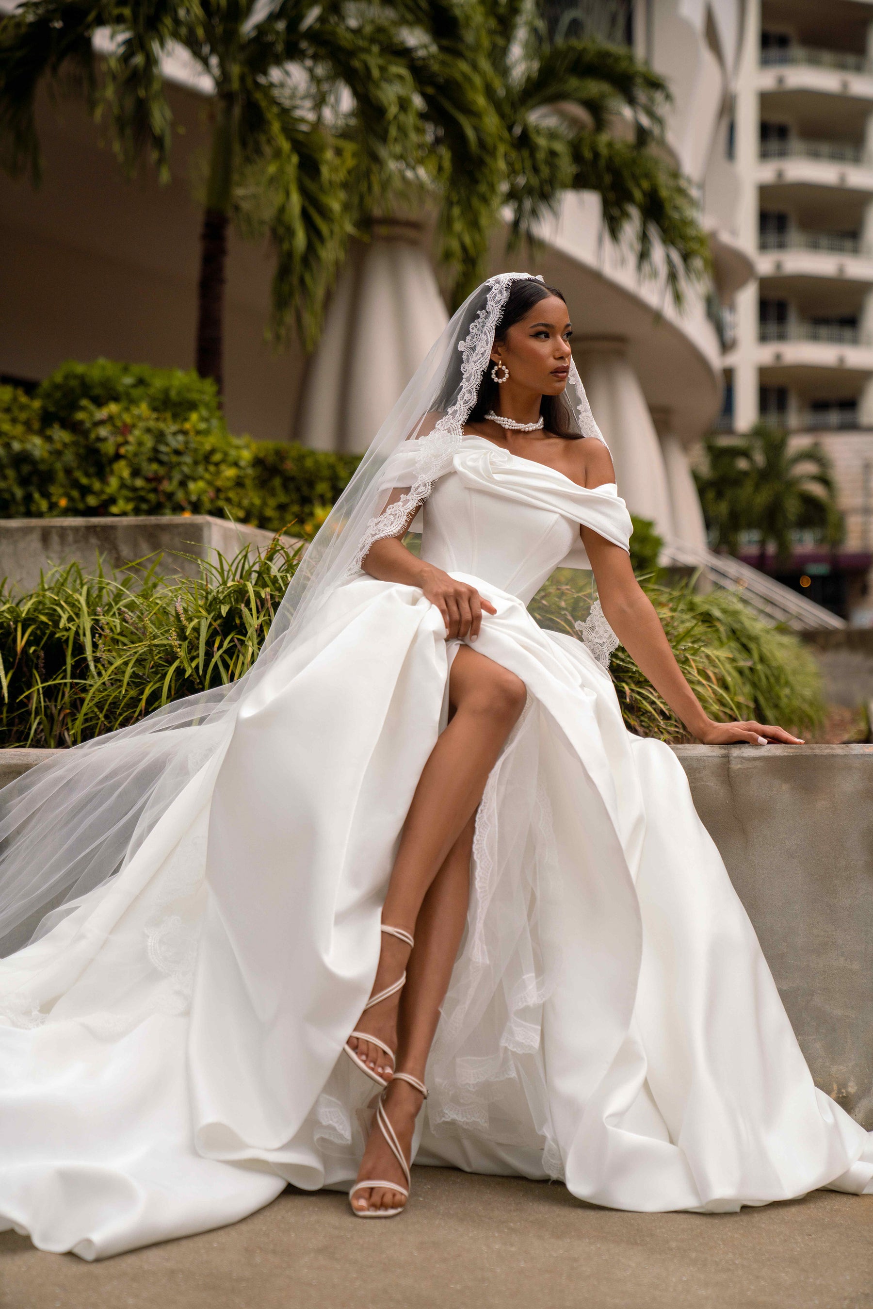 Off-the-Shoulder Satin Ball Gown Wedding Dress with Slit