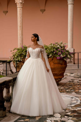 Long Sleeve Lace Ball Gown Wedding Dress with Illusion Bodice