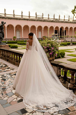 Long Sleeve Lace Ball Gown Wedding Dress with Illusion Bodice