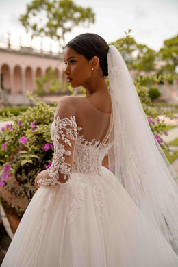 Long Sleeve Lace Ball Gown Wedding Dress with Illusion Bodice