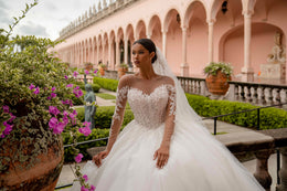 Long Sleeve Lace Ball Gown Wedding Dress with Illusion Bodice