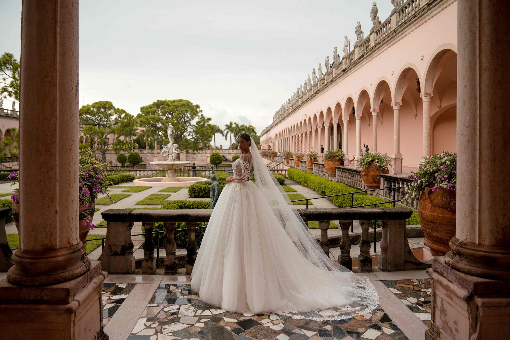 Long Sleeve Lace Ball Gown Wedding Dress with Illusion Bodice