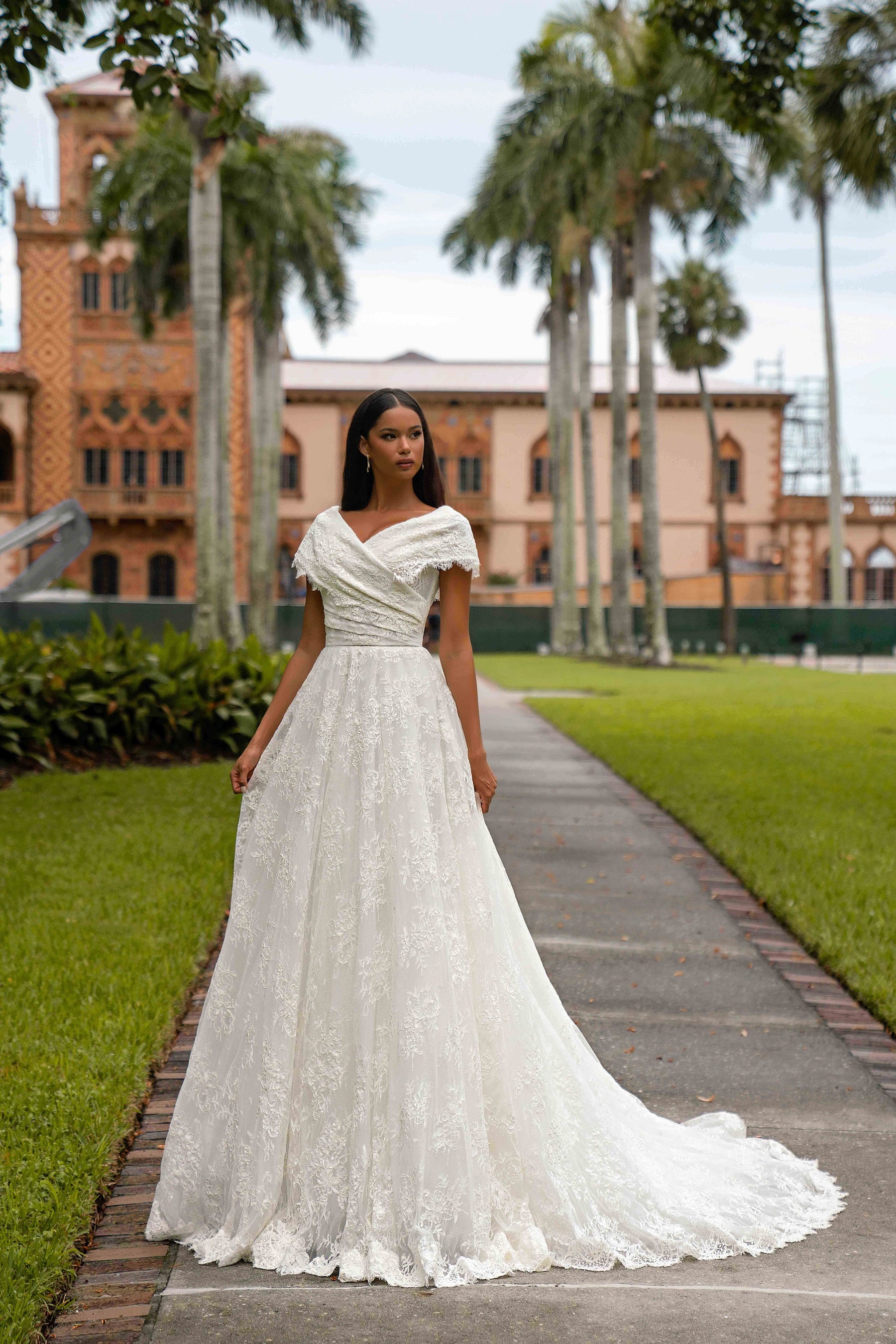 V-Neck Lace A-Line Wedding Dress with Cap Sleeves