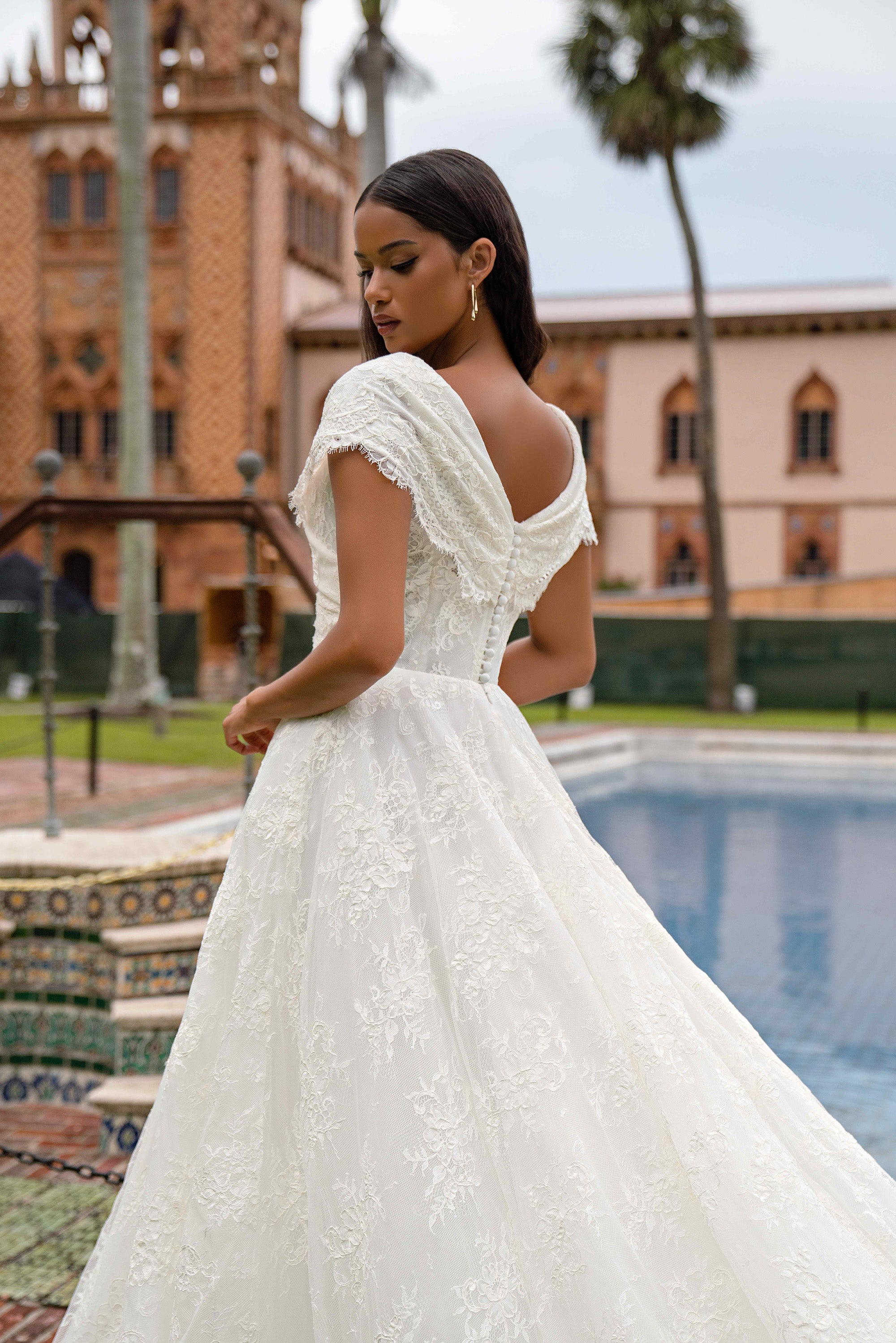 V-Neck Lace A-Line Wedding Dress with Cap Sleeves