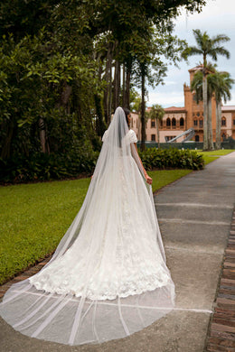 V-Neck Lace A-Line Wedding Dress with Cap Sleeves