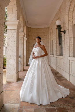Strapless Satin Ball Gown Wedding Dress with Floral Appliqué