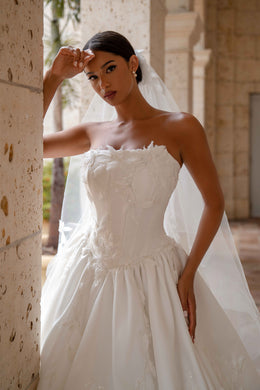 Strapless Satin Ball Gown Wedding Dress with Floral Appliqué