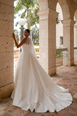 Strapless Satin Ball Gown Wedding Dress with Floral Appliqué