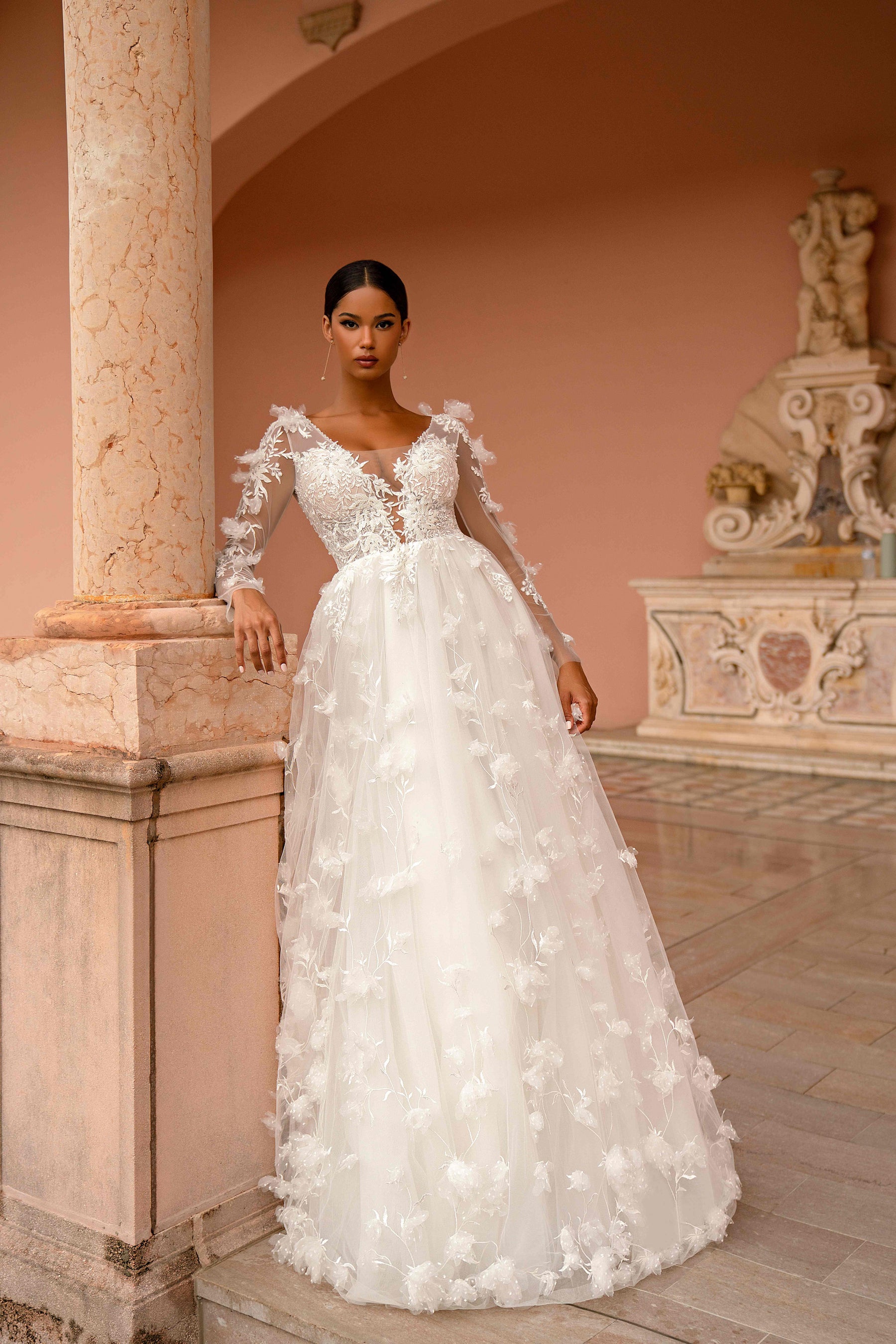 Long Sleeve 3D Floral Lace A-Line Wedding Dress