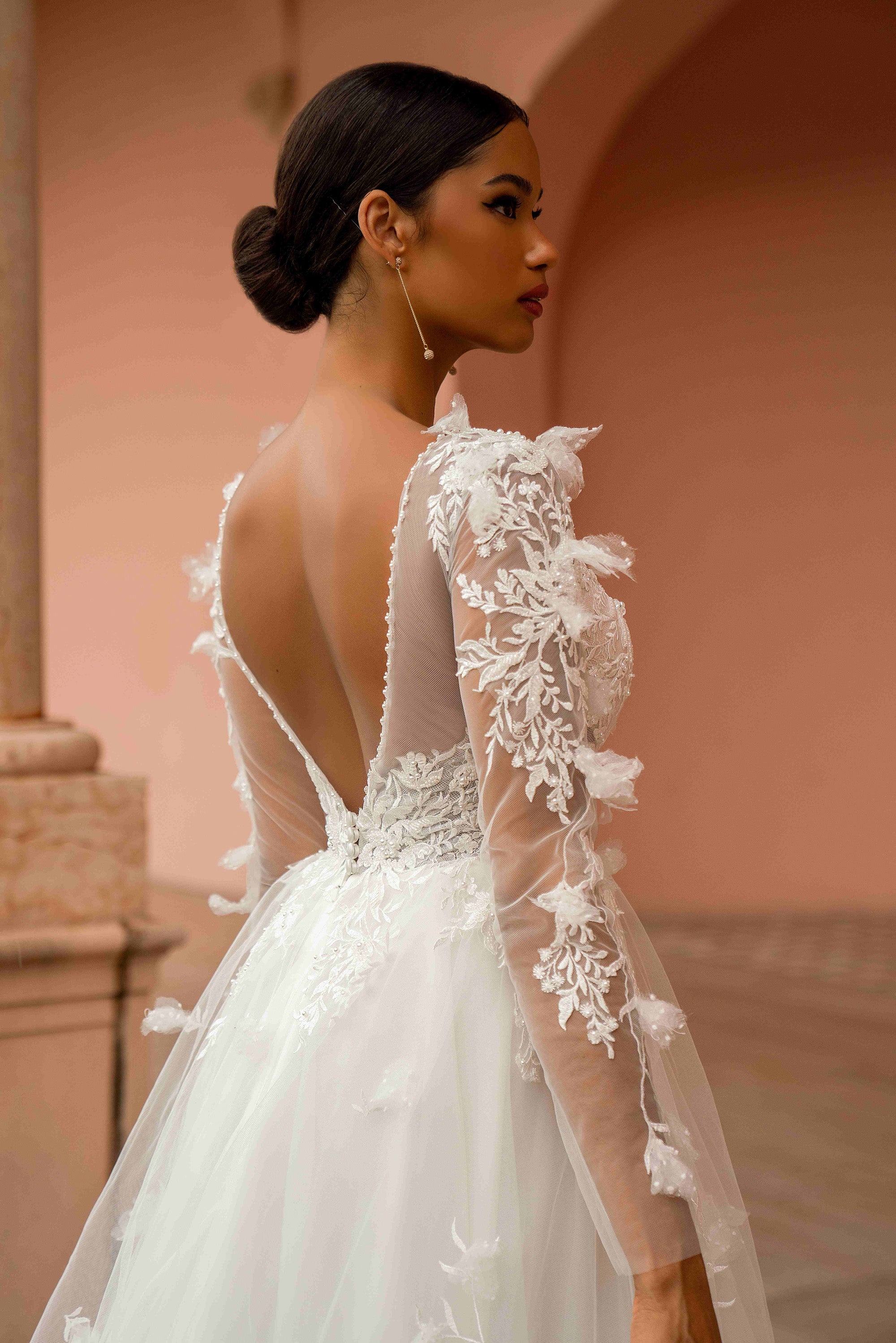 Long Sleeve 3D Floral Lace A-Line Wedding Dress