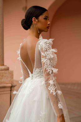 Long Sleeve 3D Floral Lace A-Line Wedding Dress