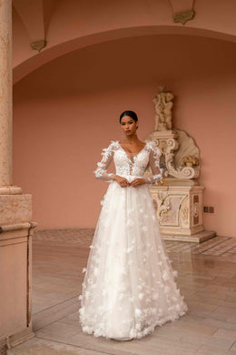 Long Sleeve 3D Floral Lace A-Line Wedding Dress