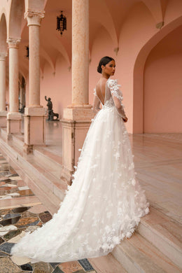 Long Sleeve 3D Floral Lace A-Line Wedding Dress