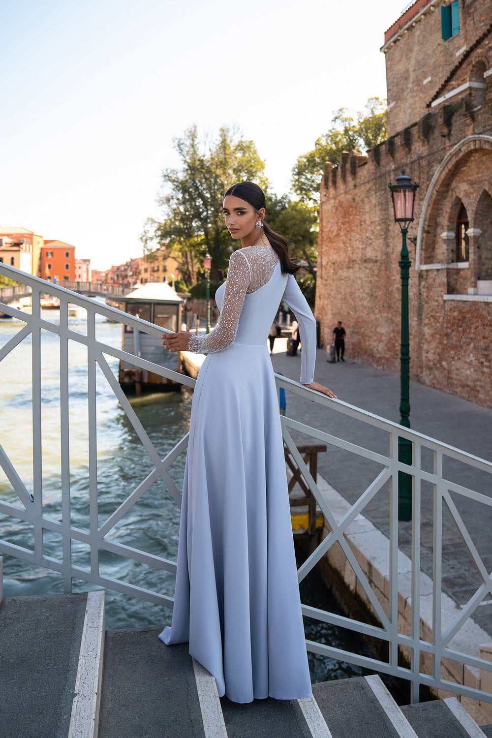 A-line Evening Dress with Beaded Illusion Sleeve