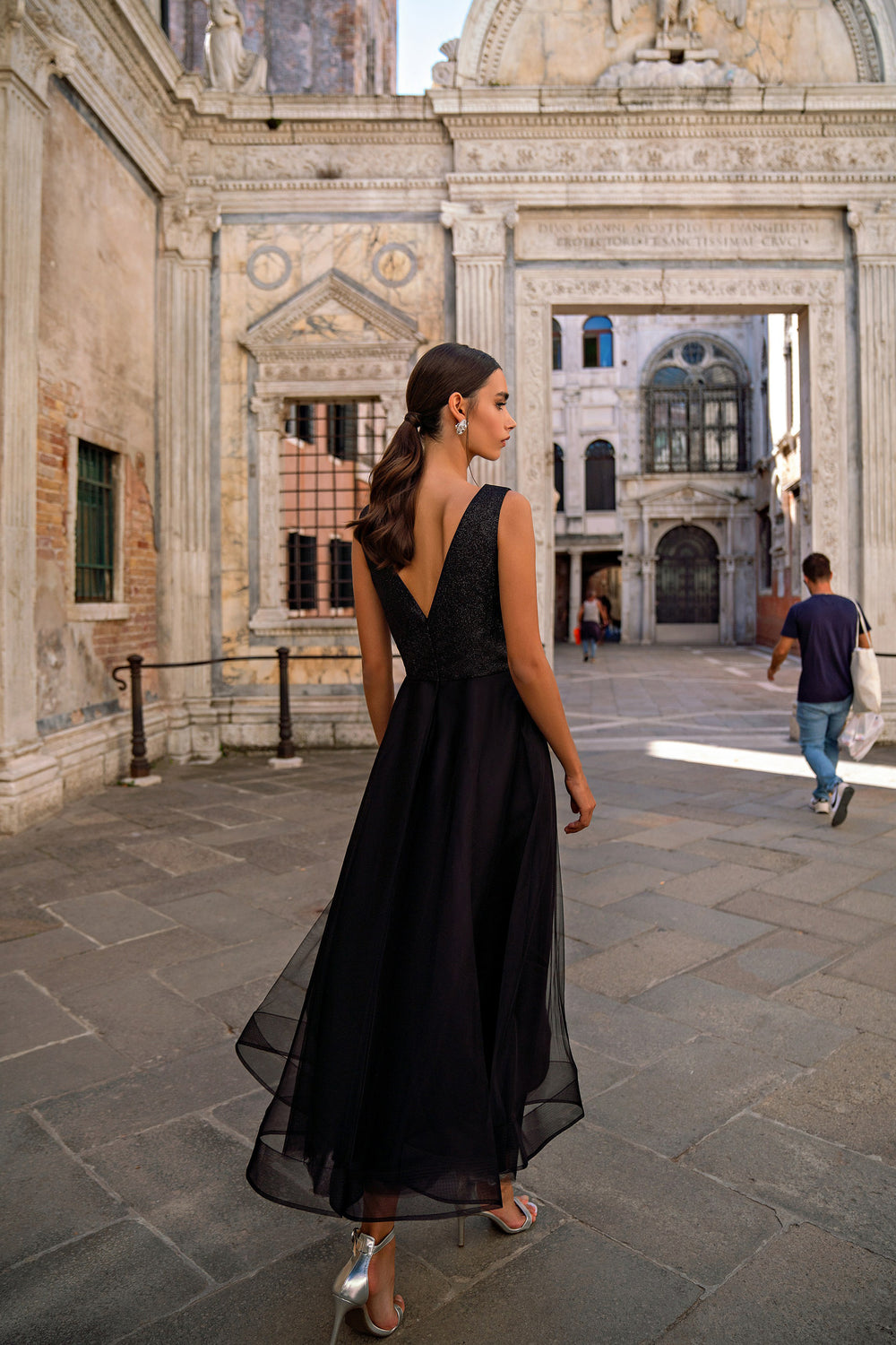 A-Line Evening Dress with Beaded Illusion Neckline