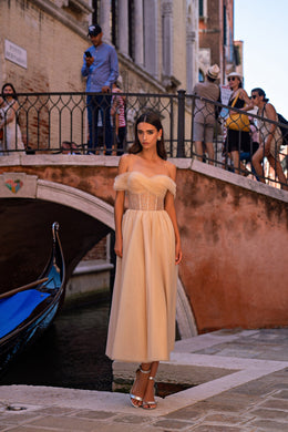 Champagne evening dress with a beaded fitted bodice, thin straps, and a full ankle-length skirt