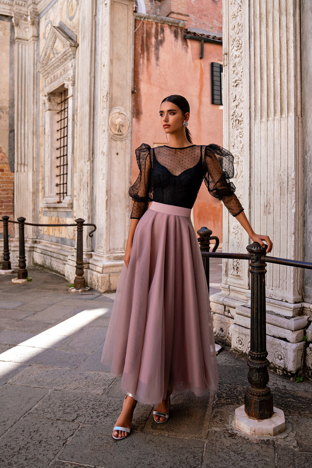 A-line Evening Dress with Detachable Puff Sleeves