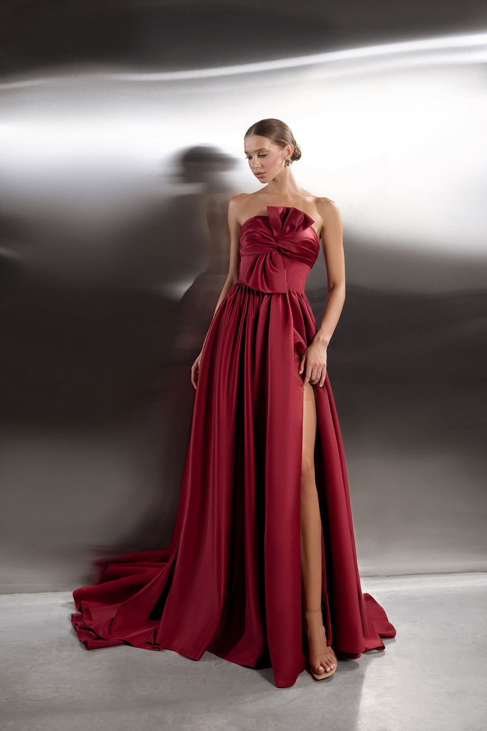 A-Line Evening Dress with Draped Bow Bodice