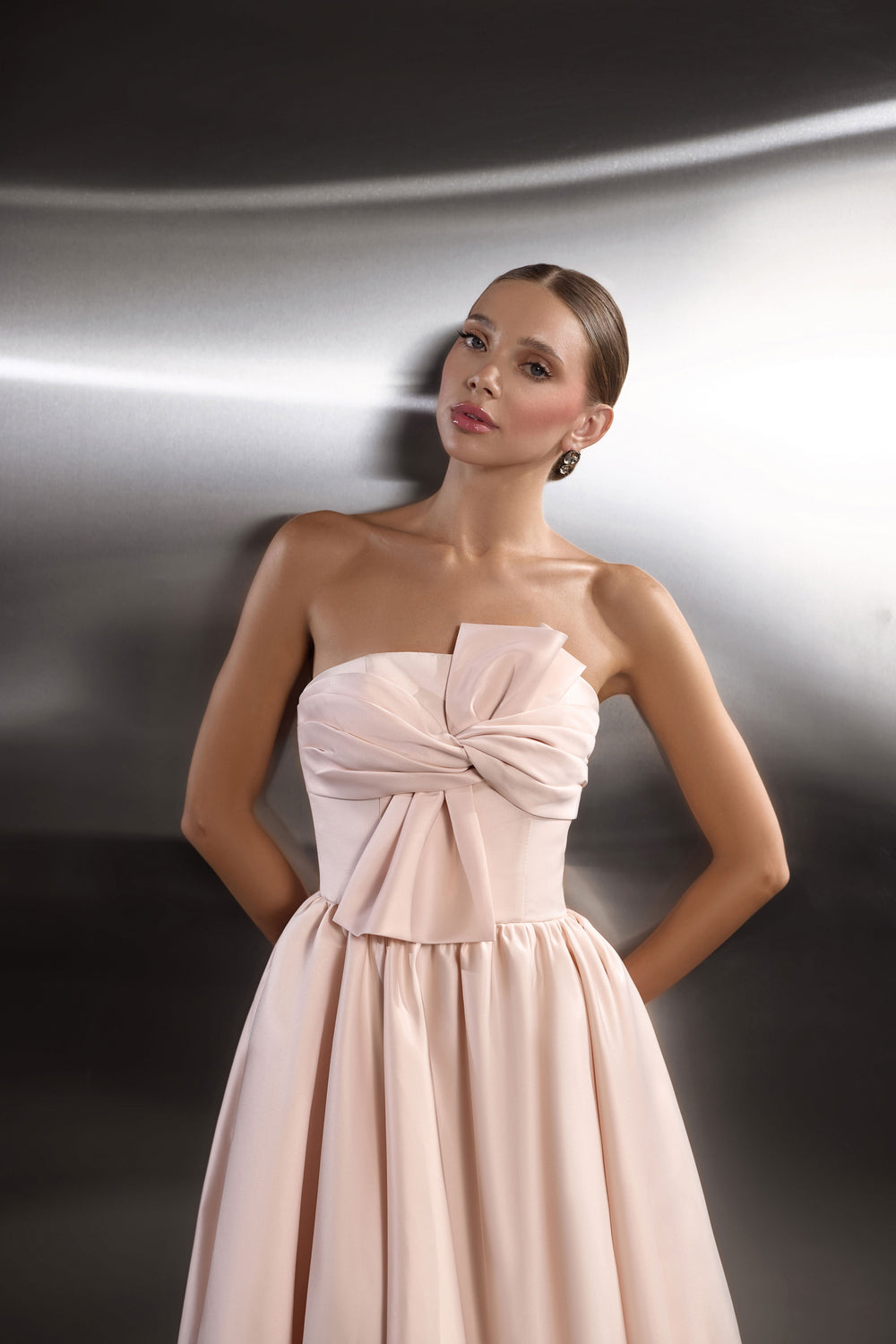 A-Line Evening Dress with Draped Bow Bodice