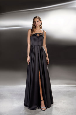 Black evening dress with square neckline, button-front bodice, full skirt, and high front slit