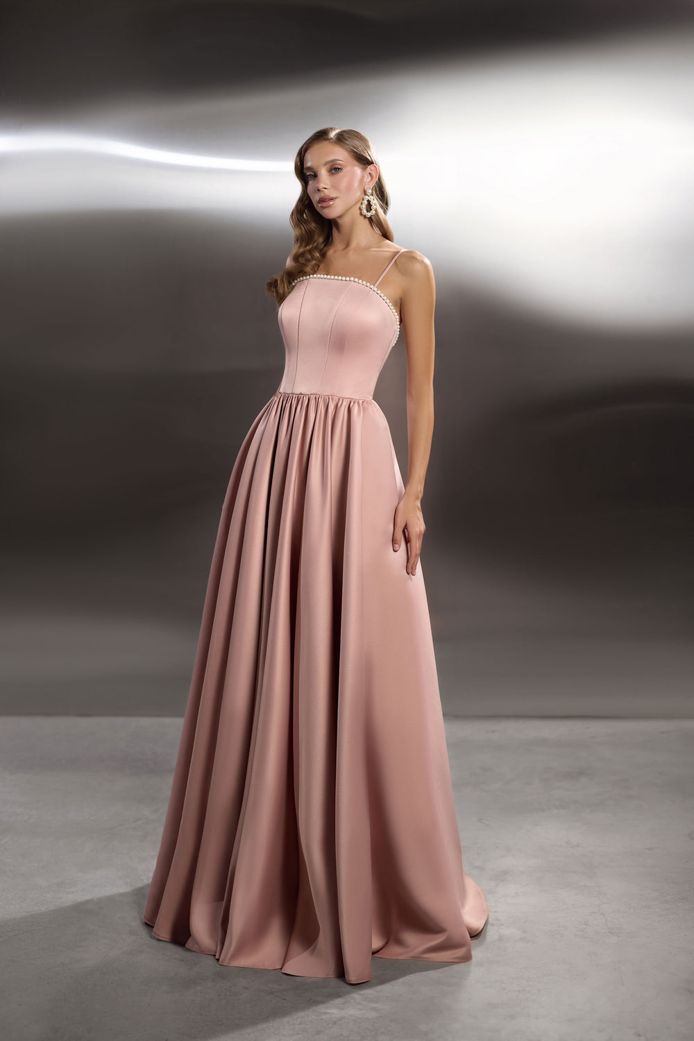 A-line Evening Dress with Pearl-Trimmed Neckline