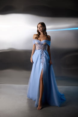 Blue evening dress with an off-the-shoulder neckline, sparkling vine embellishments, thigh-high slit, and train