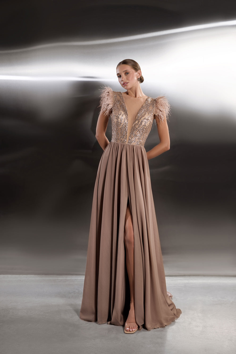A-Line Evening Dress with Feathered Sequin Bodice