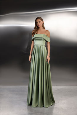 Sage green evening dress with a wide off-the-shoulder neckline and full pleated floor-length skirt