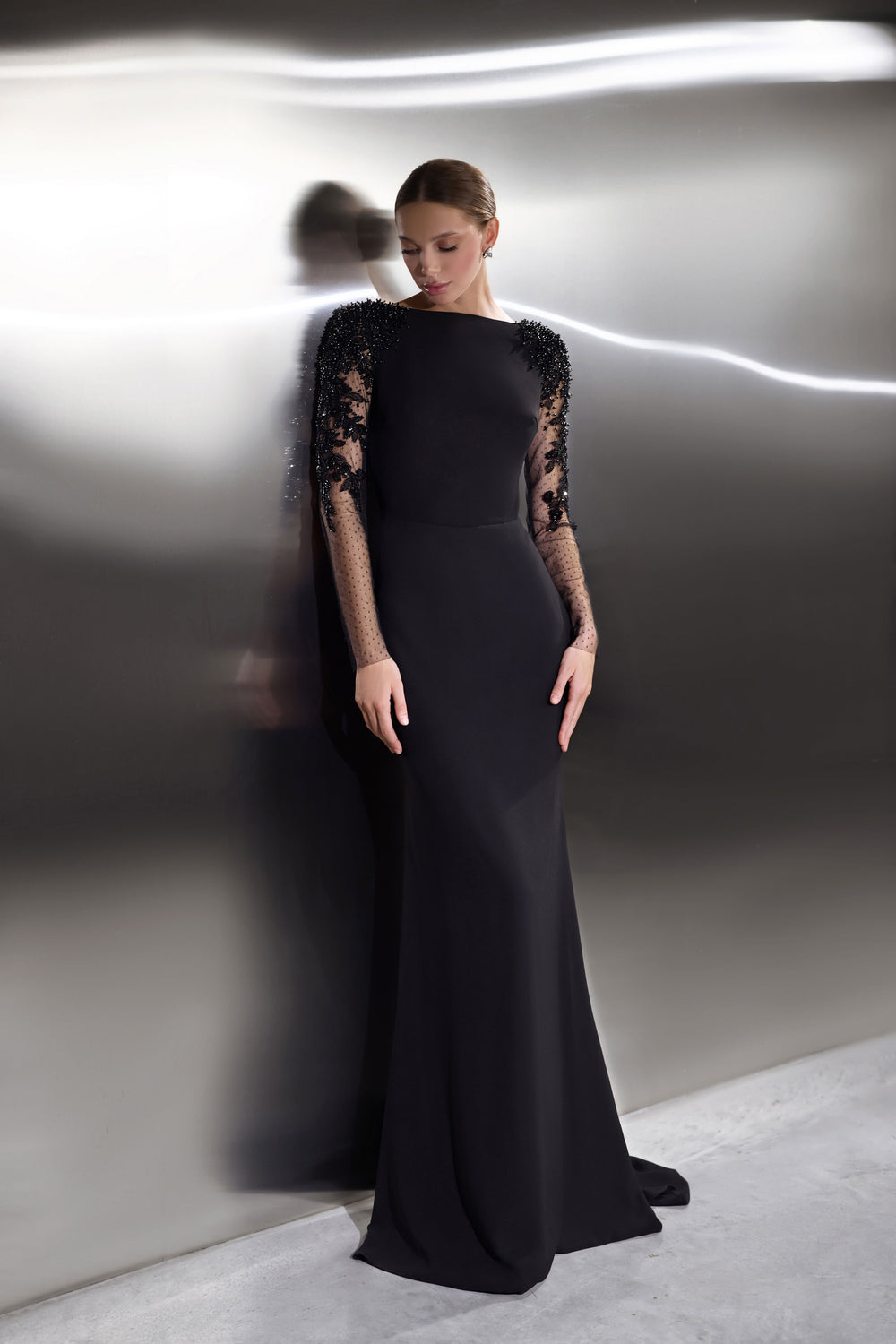 Sheath Evening Dress with Beaded Sheer Sleeves