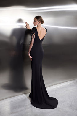 Black evening dress featuring a deep V-back, sheer lace sleeves, and a sweeping floor-length train