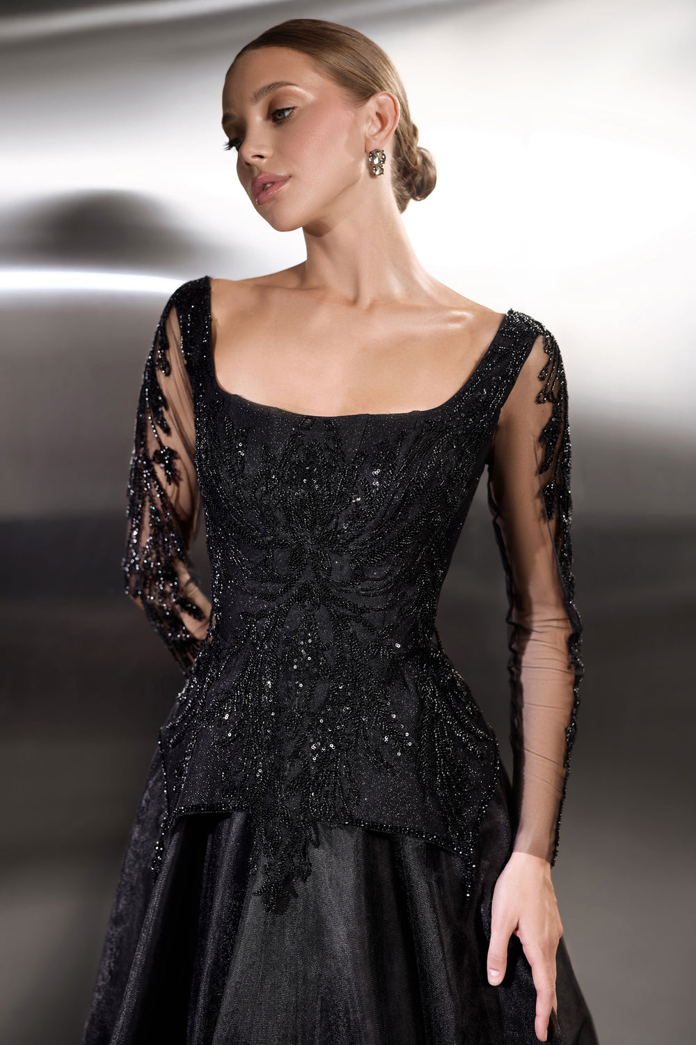 A-Line Evening Dress with Beaded Sheer Sleeves