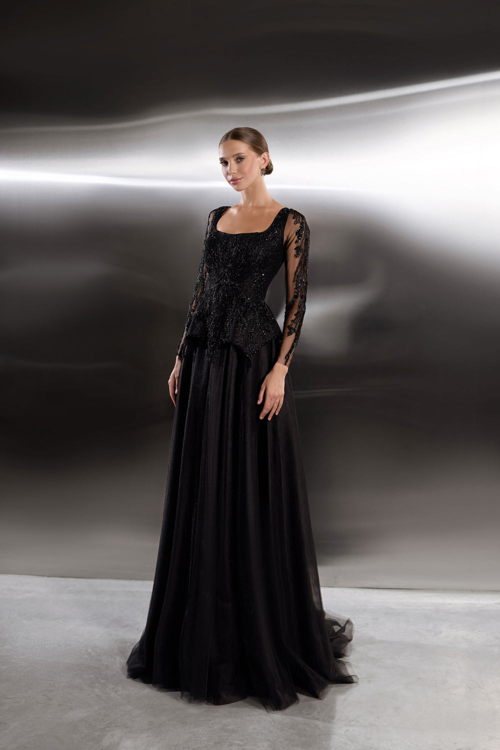 A-Line Evening Dress with Beaded Sheer Sleeves