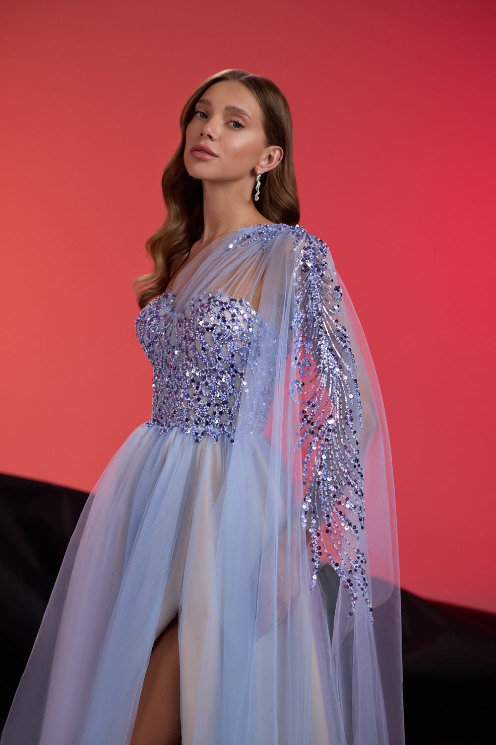 A-Line Evening Dress with Beaded One-Shoulder Drape