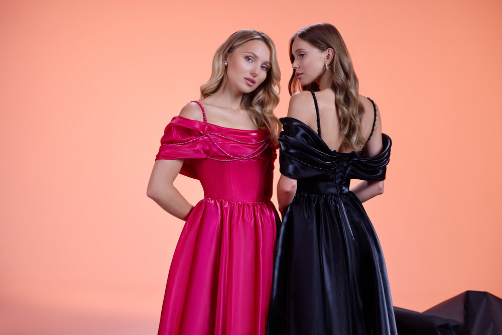 A-line Evening Dress with Beaded Off-the-Shoulder Draping