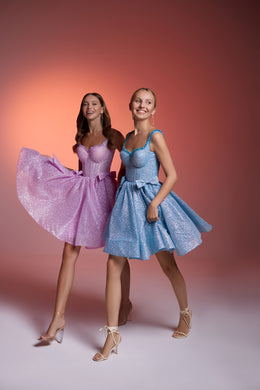 Sparkling pink and blue evening dresses with scoop necklines and flared knee-length skirts