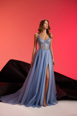 Blue evening dress with a sparkling fitted bodice, thin straps, thigh-high slit, and long train